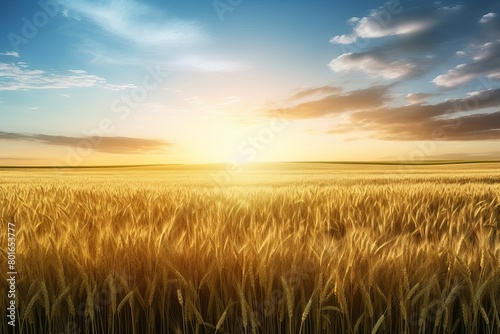 A golden wheat field stretches as far as the eye can see  gently undulating in the warm summer breeze