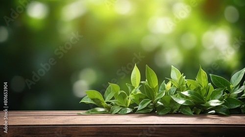 Wooden board presentation with green leaves