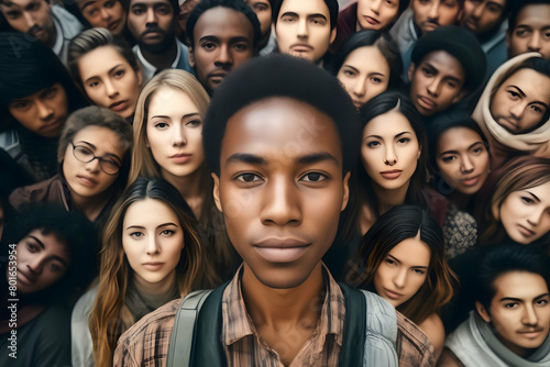 Focused shot, multi ethnic group of people smiling and looking at camera, Diversity, inclusion, equality concept