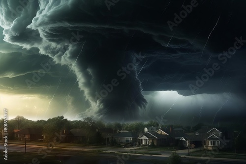A powerful tornado sweeps through a suburban neighborhood, destroying homes and uprooting trees photo