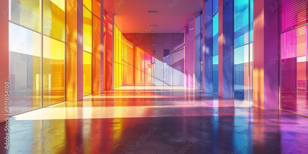 3D rendering, colorful gradient color blocks, transparent glass wall background, interior design of an art gallery hall with concrete floor and sunlight, high resolution photography stock photographic