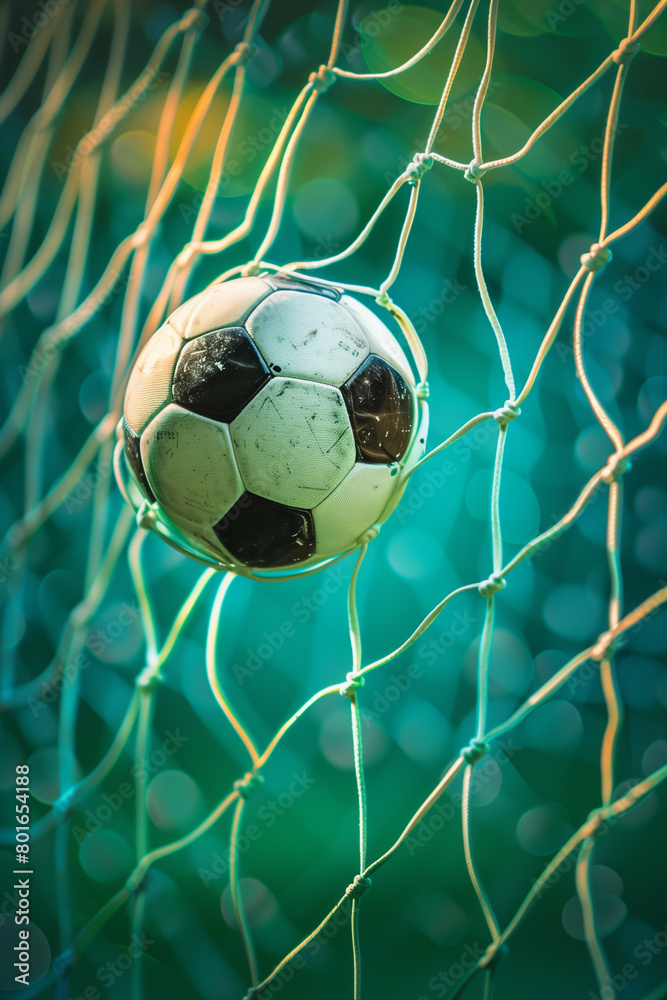 Naklejka premium soccer ball in a goal net close up. High quality photo