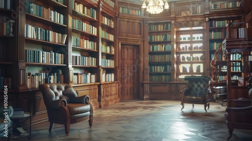 A serene scene of a museum's peaceful reading room or library, inviting visitors to explore and discover.