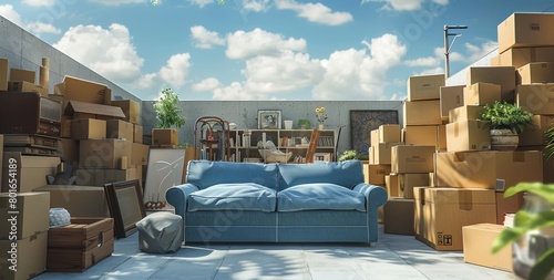 3D rendering of cardboard boxes stacked on top of each other, with furniture and home decor inside the storage unit, including a blue sofa surrounded by moving boxes, under a sky background with cloud