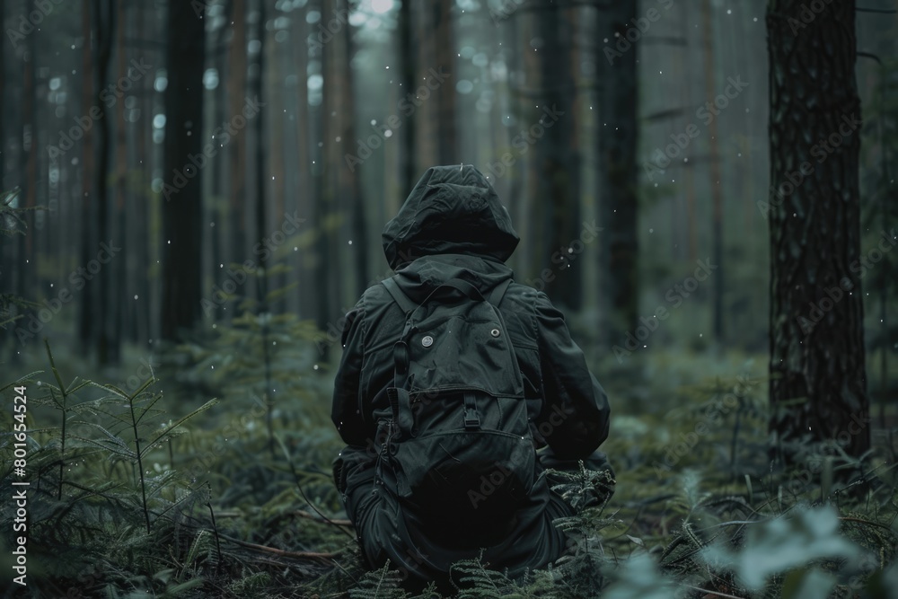 Lonely man with backpack sits in the dark forest in the middle of nowhere. Stalker, rear view. Depression and solitude Lonely man with backpack sits in the dark forest in the middle of nowhere. Stalker, rear view. Depression and solitude