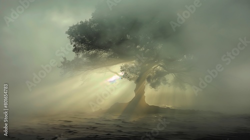 tree standing middle deep rays light fog backlighting olive tempestuous windstorm magazine photo