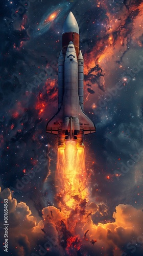 spaceship taking off space clouds stars energy flows deep fire retro rocket launcher young graphics descend explosion