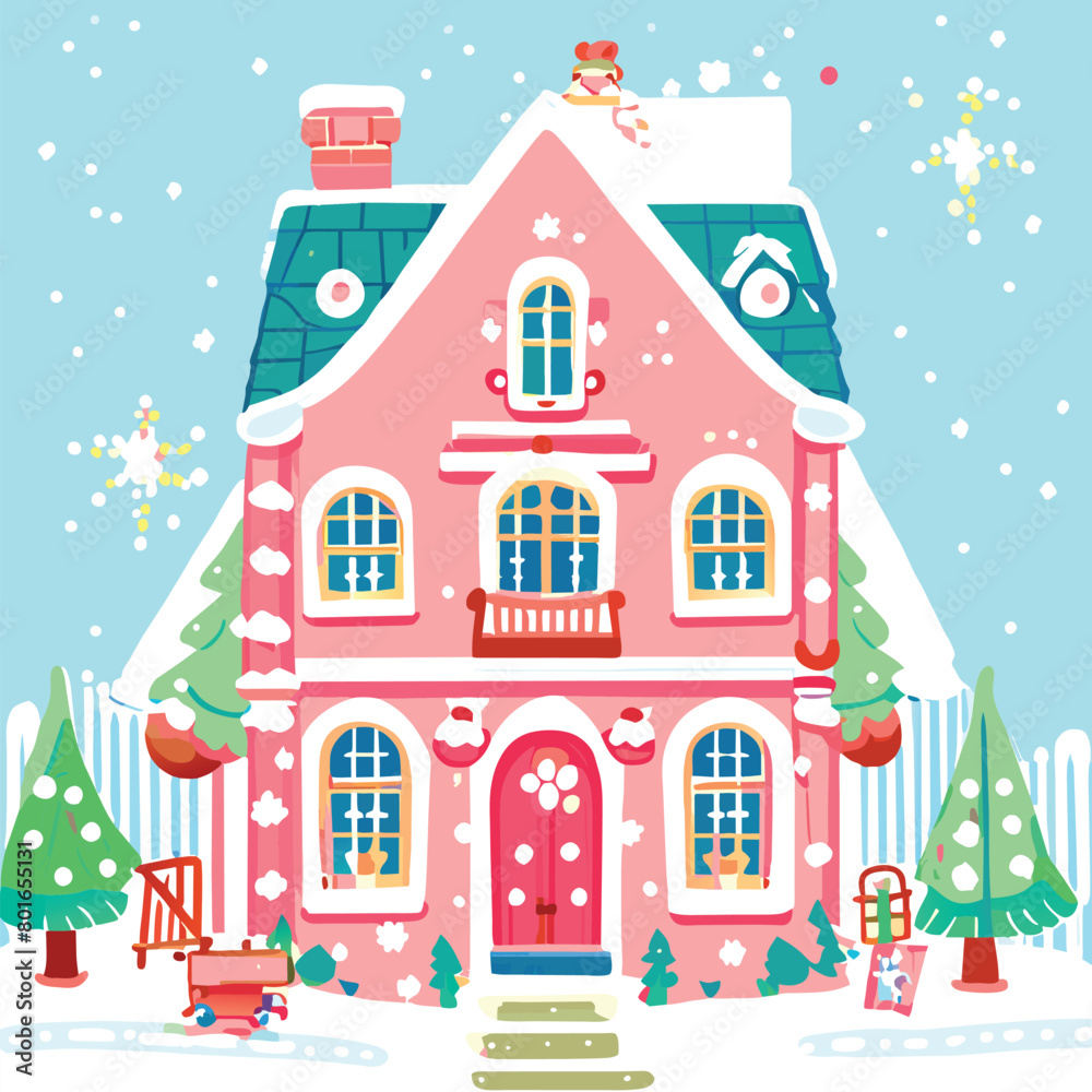 big house and a christmas tree, vector illustration flat 2