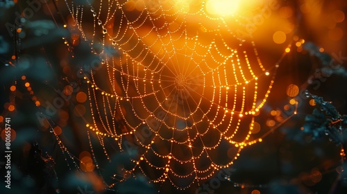 closeup spider web deep droplets gold adornments connectivity glimmering orange dawn luminist dressed medieval lacy cute