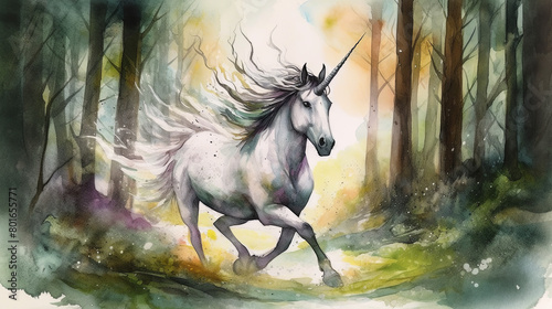 A detailed illustration of a majestic unicorn galloping through a mystical forest  sunlight filtering through the trees  casting enchanting shadows  with the unicorn s mane flowing in the wind