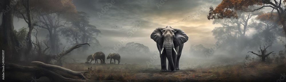 A large elephant stands in the middle of a savanna