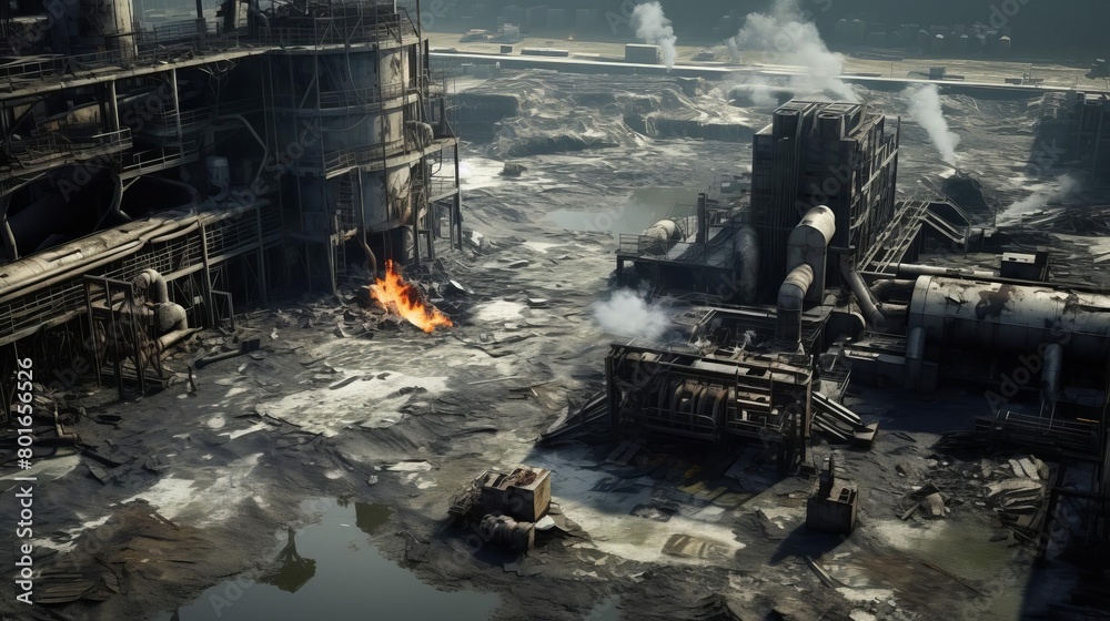 A post-apocalyptic industrial landscape with a large factory in the background A post-apocalyptic industrial landscape with a large factory in the background