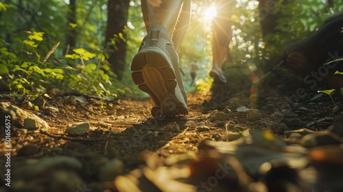 A serene scene of a runner's feet traversing a winding trail through a lush forest, with sunlight filtering through the trees, creating a peaceful and rejuvenating atmosphere on Global Running Day.