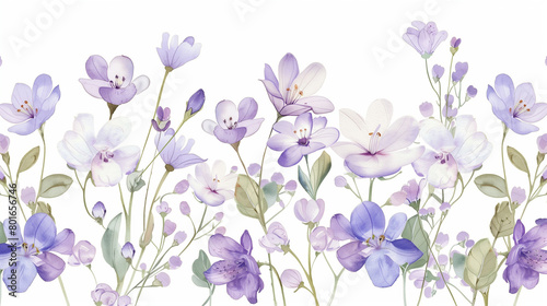 Seamless border watercolor spring flowers. Coppice, hepatica - first spring flowers. Spring lily of the valley Illustration of delicate lilac flowers. Hand drawn texture with white and violet flowers
 photo
