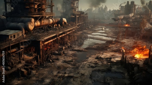 A post-apocalyptic industrial landscape with a large factory in the background