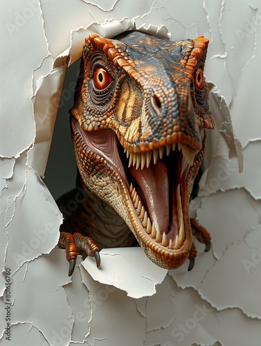 fake dinosaur head poking out hole wall cracked beaker freedom