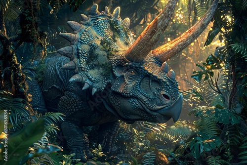 A professional photo captures the Triceratops dinosaur in its natural habitat, grazing in a rugged prehistoric landscape adorned with rocky outcrops and sparse vegetation © Roberto