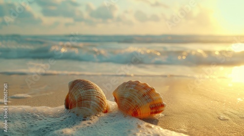 A serene scene of two seashells, nestled side by side on a sandy beach, evoking the enduring and inseparable nature of best friends on National Best Friends Day. photo