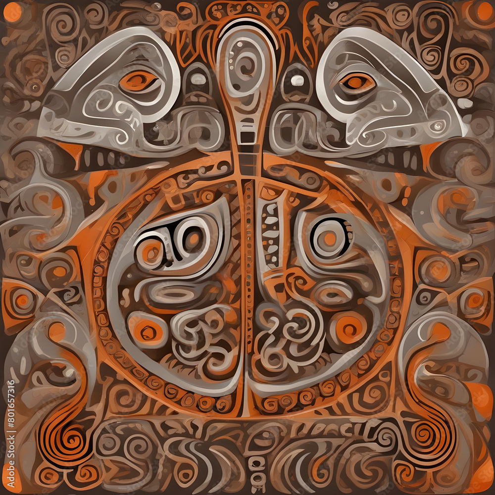 Abstract background with a mix of New Zealand Maori Art and Mexican and Pre-Columbian , brown, dark and orange  colors