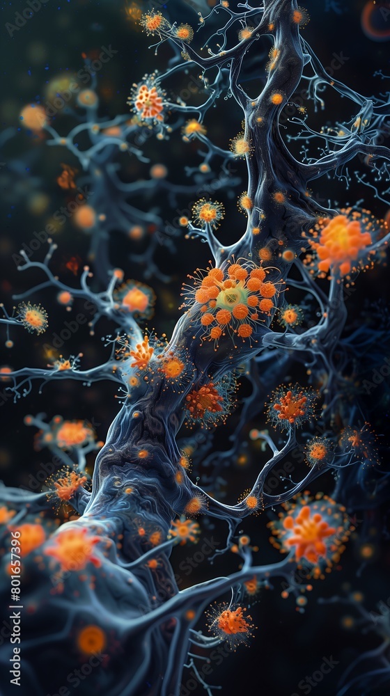 closeup tree orange flowers growing neuron dendritic monster viral background achluophobia necro closeup tree orange flowers growing neuron dendritic monster viral background achluophobia necro