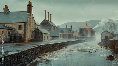A serene scene of a whisky distillery's historic buildings, with a blend of traditional and modern architectural elements.