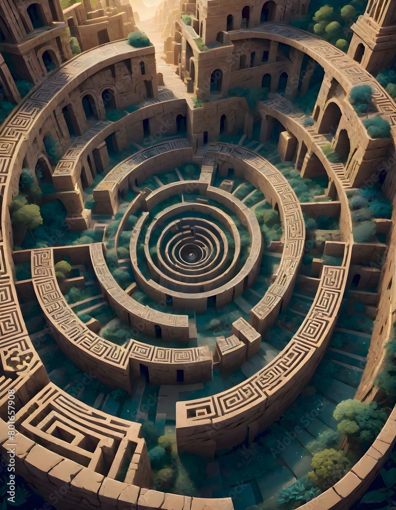 Architectural design forming a circular maze like pattern with detailed carvings and decorations, and mystical ambiance, Generative AI.