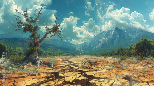 dramatic landscape with withered tree in arid environment and mountain backdrop, representing the climat change crisis photo