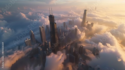 Aerial View of Skyscrapers in the Clouds