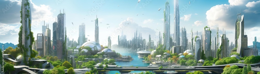 A beautiful painting of a futuristic city with green buildings and blue skies. The city is full of life.
