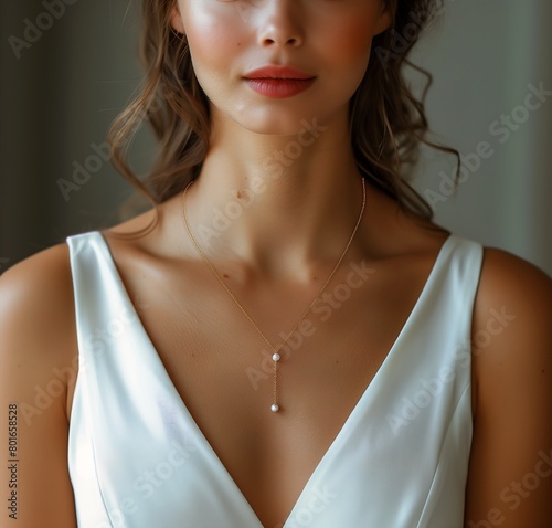 closeup woman wearing white dress necklace flawless face tuxedo pearls sweat bust long neck looking shoulder beauty cheek altar