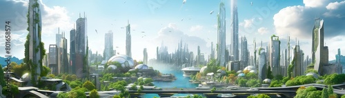 Obraz na płótnie A beautiful painting of a futuristic city with green buildings and blue skies. The city is full of life. w salonie