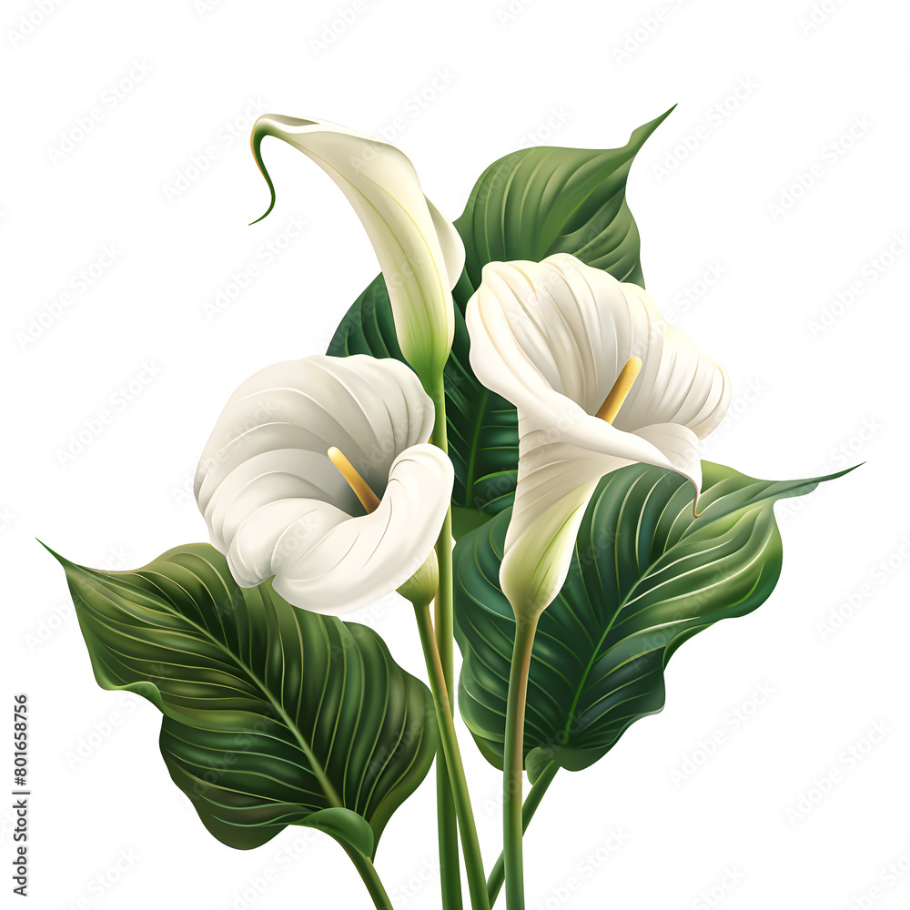 Obraz premium Clipart illustration a calla lily flower and leaves on white background. Suitable for crafting and digital design projects.[A-0001]