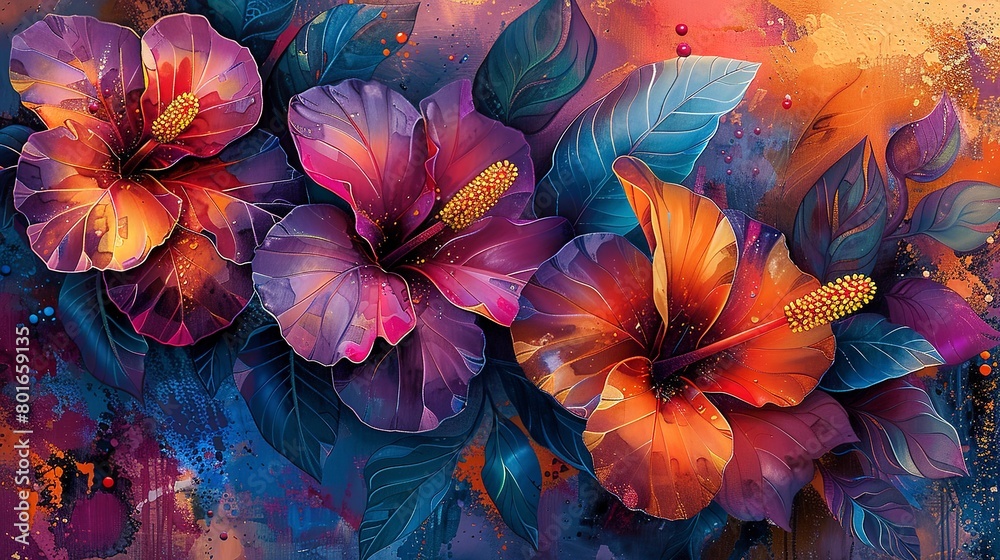 Close-up view of abstract tropical florals, blending exotic flower patterns with artistic flair. -