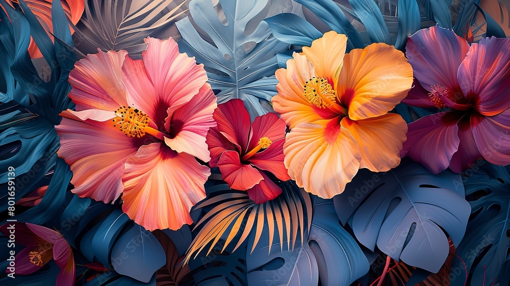 Close-up view of abstract tropical florals, blending exotic flower patterns with artistic flair. Close-up view of abstract tropical florals, blending exotic flower patterns with artistic flair.