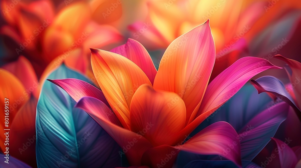 Fototapeta premium Bold and bright abstract background, focusing on close-up tropical flower patterns for a festive atmosphere. 