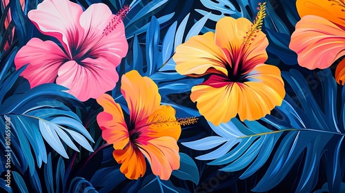 Lively and colorful, close-up abstract featuring tropical flower patterns for a vibrant, summery vibe. 