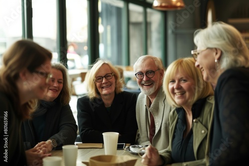 Group of senior friends talking and laughing together in a coffee shop.