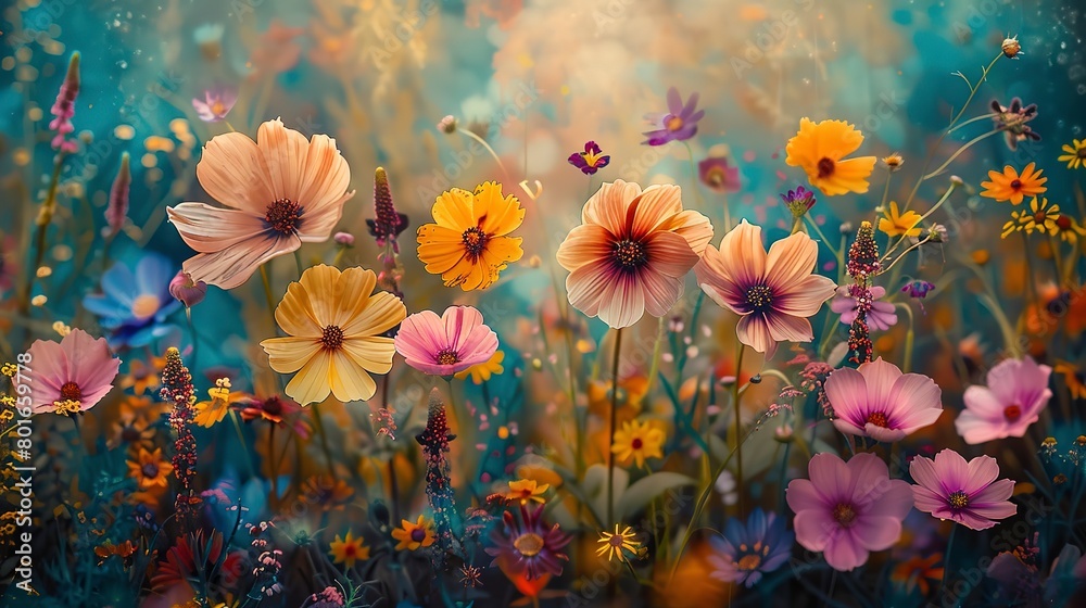 Close-up view of a flower field abstract, showcasing the intricate details and patterns of wildflowers.