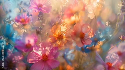 Close-up abstract of a lush flower field, blending the vivid hues and soft textures of various blooms.  photo