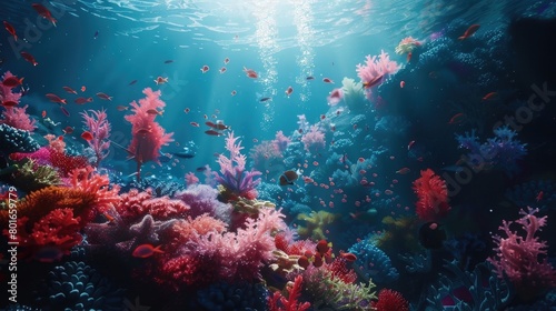A serene underwater scene of a diver exploring a vibrant coral reef  capturing the sense of wonder and awe that these underwater worlds inspire on World Reef Awareness Day.
