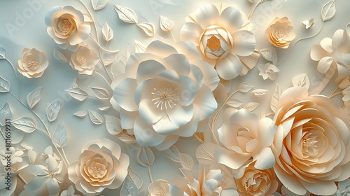 High-resolution abstract featuring delicate paper craft florals, emphasizing texture and shadow in a close-up view.