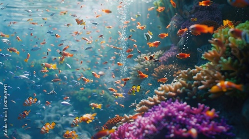A serene underwater scene of a coral reef bustling with activity  from tiny shrimp to colorful parrotfish  illustrating the dynamic and vibrant ecosystem of reefs on World Reef Awareness Day.