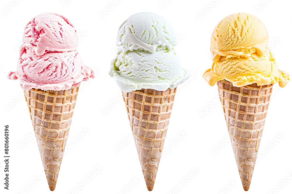 A scoop of ice cream on a crispy cone with a transparent background. Orange, vanilla, and strawberry ice cream flavors.