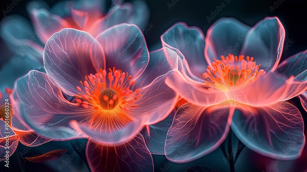 Close-up abstract of neon florals, blending the intensity of neon colors with the delicate shapes of flowers. Close-up abstract of neon florals, blending the intensity of neon colors with the delicate shapes of flowers.