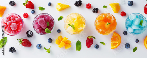 flat lay arrangement of tropical fruit sorbets and shaved ice desserts in vibrant colors on a white background. photo