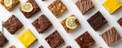 flat lay arrangement of assorted dessert bars such as brownies, blondies, and lemon squares on a white background. photo