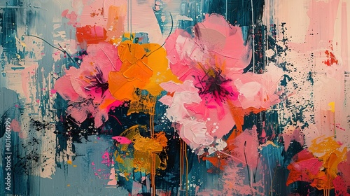 Abstract art with a focus on the contrast between the softness of florals and the harshness of grunge aesthetics.  photo