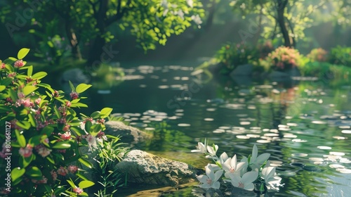 A tranquil scene of a peaceful garden  with a serene pond and blooming flowers  evoking the tranquility and natural beauty often associated with Whit Monday observances.