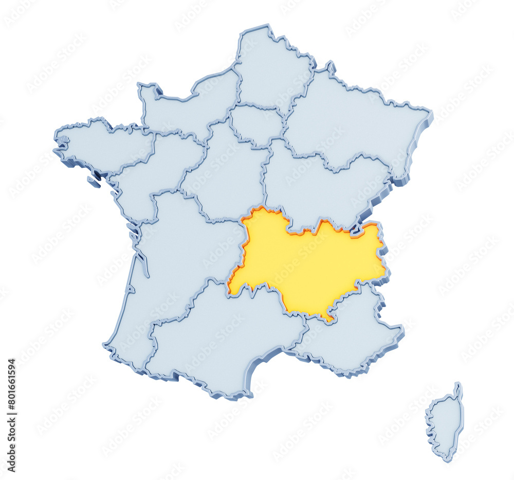 French region of Auvergne-Rhône-Alpes highlighted in golden yellow on three-dimensional map of France isolated on transparent background. 3D rendering