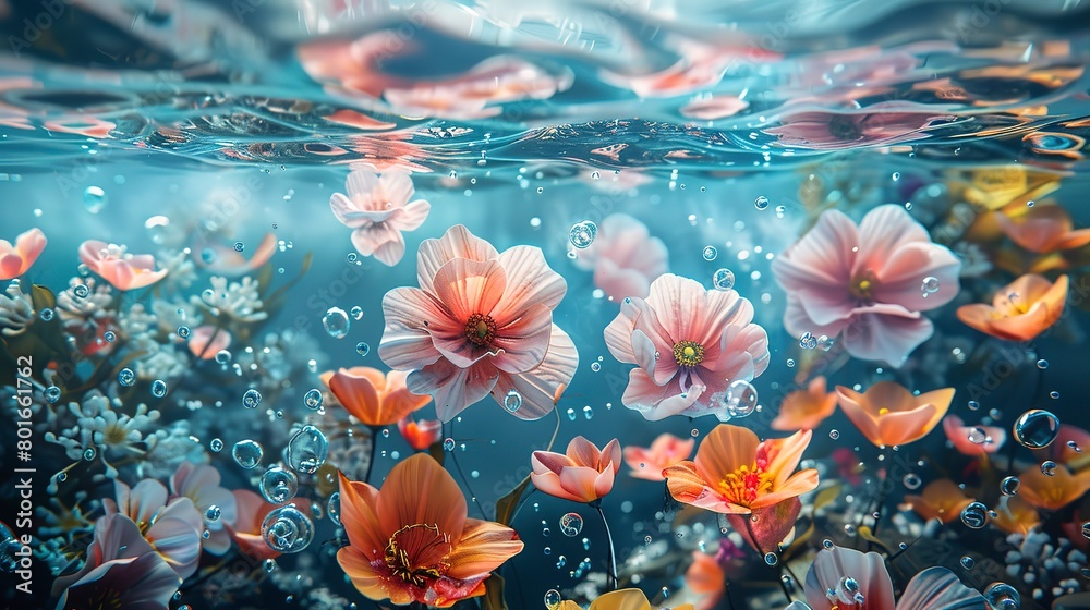Abstract background with detailed close-up of underwater florals, merging the tranquil beauty of aquatic gardens with art. 